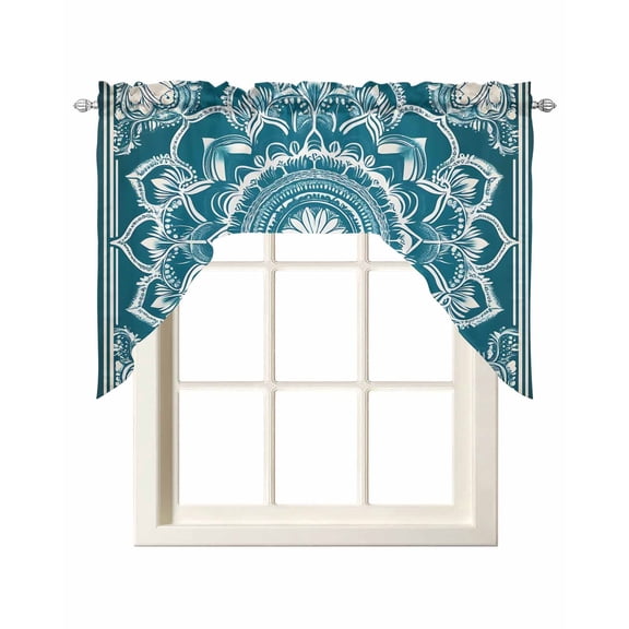 Teal Boho Kitchen Curtains Swag Valance for Windows/Bathroom/Cafe, Ethnic Chic Rustic Abstract Floral Aesthetic Rod Pocket Drape Panel Swag Curtain Valance for Bedroom/Living Room 55''x36''