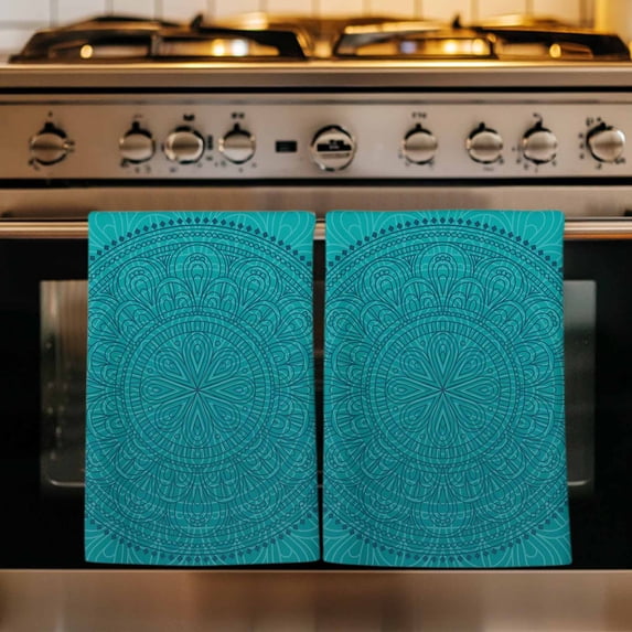 Teal Boho Kitchen Towels Set of 1, Farmhouse Abstract Geometric Aesthetic Art Absorbent Dish Towels for Kitchen, Microfiber Hand Towel, Quick Drying Tea Towel for Cleaning Decorative Dishcloths