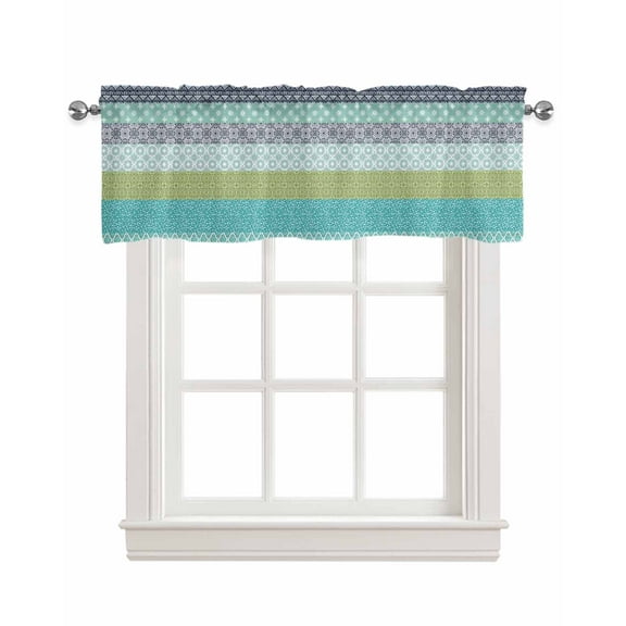 Teal Boho Linen Curtain Valance for Bedroom/Bathroom/Kitchen/Living/Dining Room Window,Bohemian Multicolored Batik Floral Mandala Tie Dyeing Pocket Topper Drapes Decorative Cafe Drapery 54"x18"