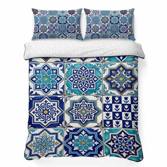Teal Boho Moroccan 3 Piece Quilt Bedding Set with 2 Pillow Shams, Ethnic Geometric Floral Pattern Retro Lightweight Bedspread Coverlet, Soft Breathable All Season Quilt, 68 x 86 Inch