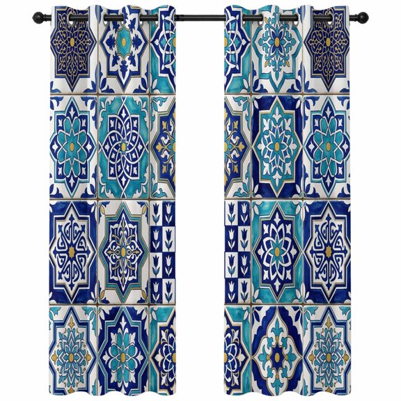 Teal Boho Moroccan Blackout Curtains 84 Inches Long, Ethnic Geometric Floral Pattern Retro Thermal Insulated Room Darkening Drapes with Grommets for Living Room 52"W x 84"L, 2 Panels