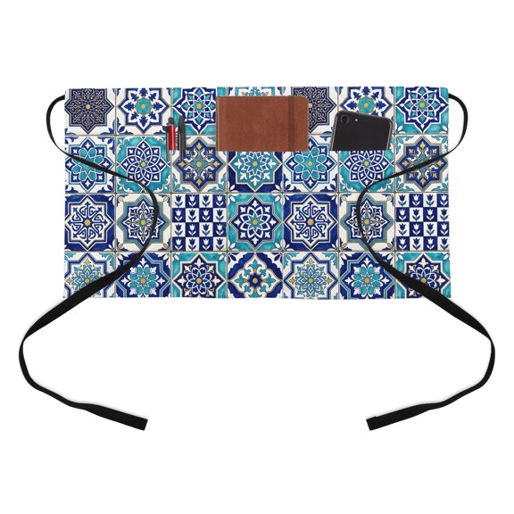 Teal Boho Moroccan Half Waist Apron Ethnic Geometric Floral Pattern Retro Short Waiter Aprons with 3 Pockets for Women Men Kitchen Restaurant Cooking