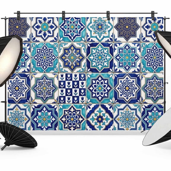 Teal Boho Moroccan Photography Backdrop 7x5FT, Ethnic Geometric Floral Pattern Retro Photo Backdrops, Background for Photography Studio Photo Studio Background, Back Drop for Photoshoot