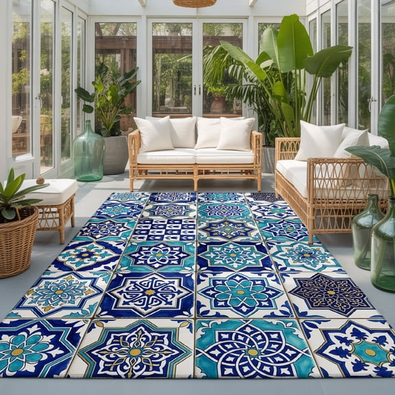 Teal Boho Moroccan Washable Living Room Rugs 6'x9', Ethnic Geometric Floral Pattern Retro Washable Throw Large Area Rug Non-Slip Sturdy Edge Binding Carpet for Dining Room Kitchen Office