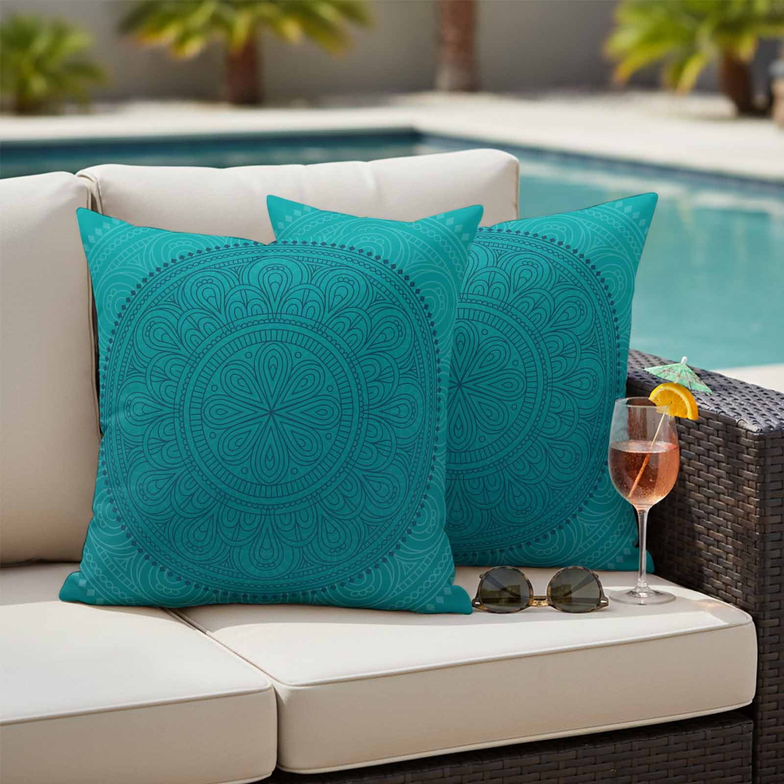 Teal Boho Outdoor Pillow Covers 18x18 Inch Throw Pillow Covers Set of 2 Waterproof Decorative Pillow Cases Farmhouse Abstract Geometric Aesthetic Art Cushion Covers for Patio Furniture Garden Couch
