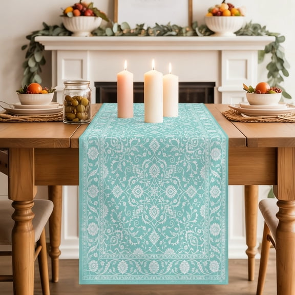 Teal Boho Paisley Dining Table Runner, Vintage Floral Classic Traditional Washable Table Runners Kitchen Coffee Table Center Decor for Home Party Holiday Wedding 13 x 90 Inches