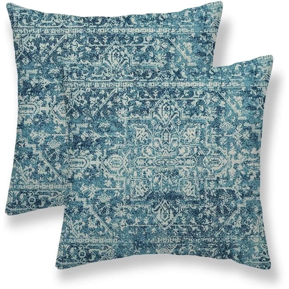 Teal Boho Pillow Covers 18x18 Set of 2, Bohemian Carpet Pattern Outdoor Decorative Throw Pillows Linen Ethnic Design Rustic Farmhouse Cushion Cases for Couch Sofa Decor