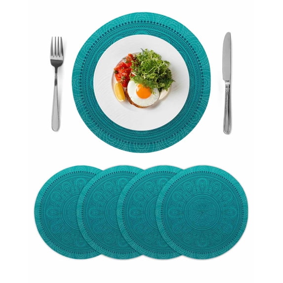 Teal Boho Round 15 Inch Placemats Set of 4, Farmhouse Abstract Geometric Aesthetic Art HeatResistant Non Slip Place Mats for Dining Table, Wipeable Braided Kitchen Table Mats for Housewarming