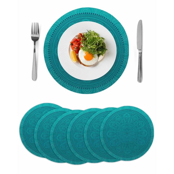 Teal Boho Round 15 Inch Placemats Set of 6, Farmhouse Abstract Geometric Aesthetic Art HeatResistant Non Slip Place Mats for Dining Table, Wipeable Braided Kitchen Table Mats for Housewarming
