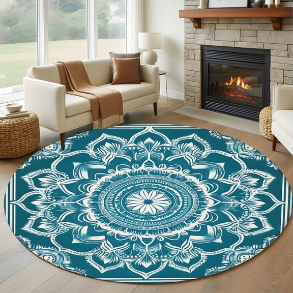 Teal Boho Round Rug 5ft Washable Circle Kitchen Rugs Non Slip Ethnic Chic Rustic Abstract Floral Aesthetic Large Area Rug Indoor Floor Carpet for Bedroom Living Room Home Office Dining Room Nursery