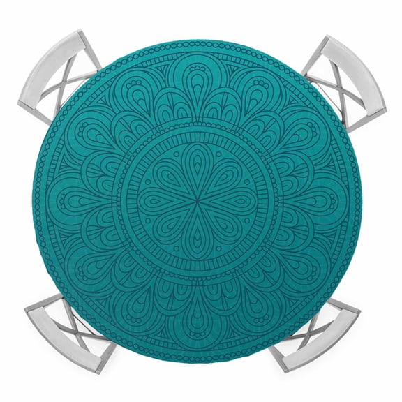 Teal Boho Round Tablecloth for 36-44 Inch Tables,Fitted Table Cover with Elastic Edge,Farmhouse Abstract Geometric Aesthetic Art Waterproof Outdoor Table Cloth Protector for Patio Garden Dinner