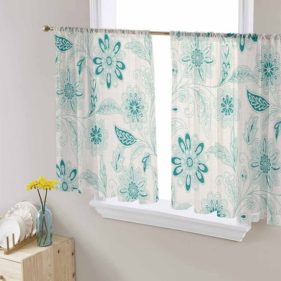 Teal Boho Semi Sheer Curtains 54 Inch Length 2 Panels Set, Vintage Pattern Ethnic Flower Tribal Leaf Sheer Kitchen Curtain Privacy Voile Window Curtain for Living Room Bedroom Rod Pocket Drapes