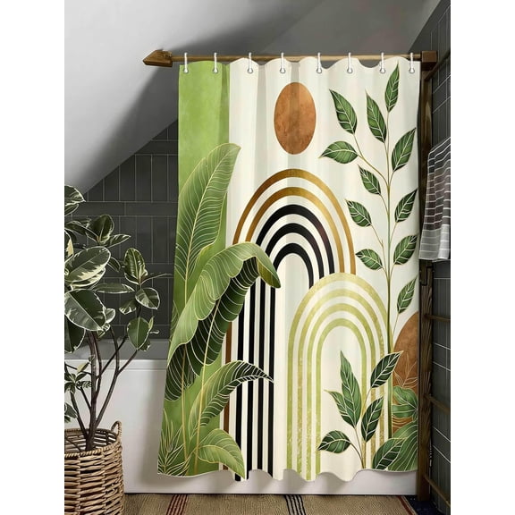 Teal Boho Shower Curtain Mid Century Abstract Boho Aesthetic Spring Summer Nature Leaf Sun Modern Minimalist Shower Curtains Decor with Hooks 36X72 Inches