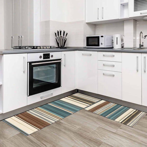 Teal Boho Stripes 2 Pieces Non-Slip Kitchen Mat Set Modern Bohemia Brown Beige Texture Soft Door Mat with Rubber Backing,Dirtproof Rugs for Entrance Doorway 19.7x31.5in+19.7x47.2in