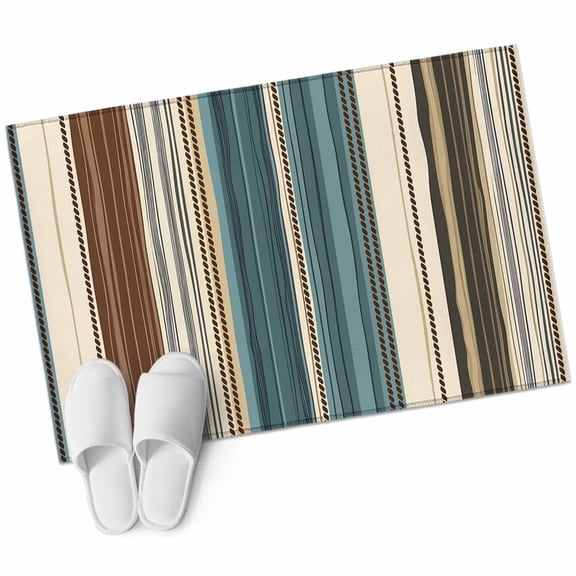 Teal Boho Stripes 2'x3' Washable Rug, Modern Bohemia Brown Beige Texture Non-Slip Soft Doormat Area Rugs for Entrance Bathroom Bedsides, Carpet for Kitchen Bedroom, Entryway Floor Mat