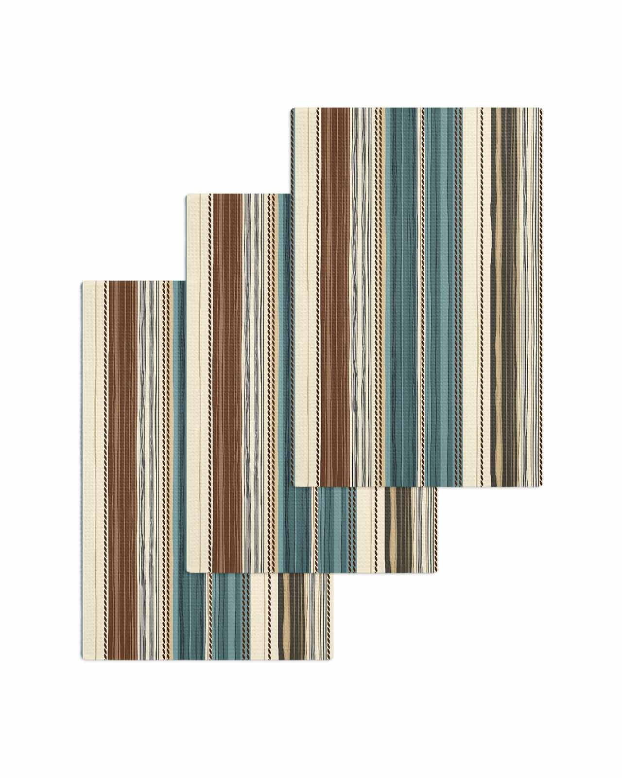 Teal Boho Stripes Kitchen Dish Towels for Drying Dishes Set of 3, Modern Bohemia Brown Beige Texture Waffle Weave Microfiber Terry Hand Tea Bathroom Towels Quick Dry & Absorbent Towel 15.7x23.6