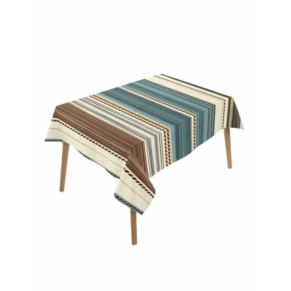 Teal Boho Stripes Rectangle Tablecloth, Modern Bohemia Brown Beige Texture Waterproof & StainResistant Tablecloth, Washable Oil-proof Table Cover for Dining/Party/Wedding/Camping/Buffet 60x84 In