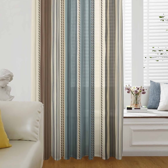 Teal Boho Stripes Semi Sheer Curtains Drapes for Living Room, Bedroom, French Doors Window 63 Inches Long, Modern Bohemia Brown Beige Texture Rod Pocket Chiffon Curtain Drapery Voile Draperies Panel