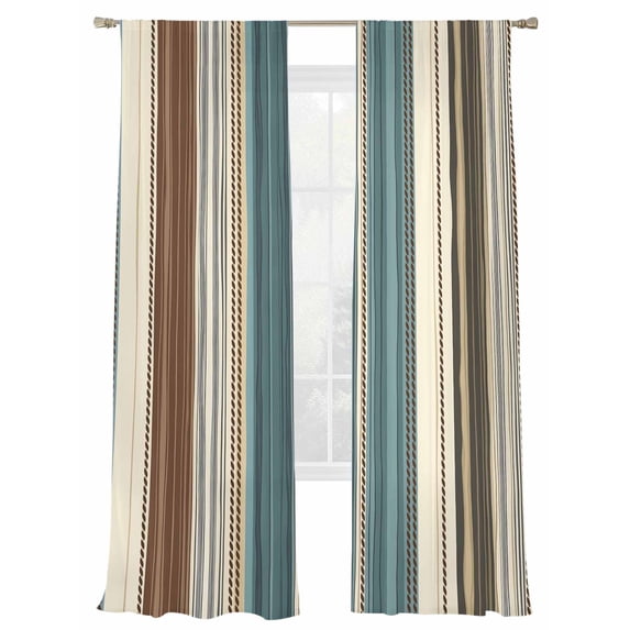 Teal Boho Stripes Sheer Curtains 108 Inch Length 2 Panels Set, Semi Transparent Voile Rod Pocket Curtains for Living Dining Room Bedroom Drapes Modern Bohemia Brown Beige Texture