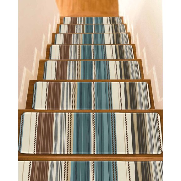Teal Boho Stripes Stair Treads for Wooden Steps Indoor Runner Rug Carpet, Modern Bohemia Brown Beige Texture 4 Pieces Peel and Stick Staircase Step Treads Covers Washable Throw Door Mats, 30"x8"