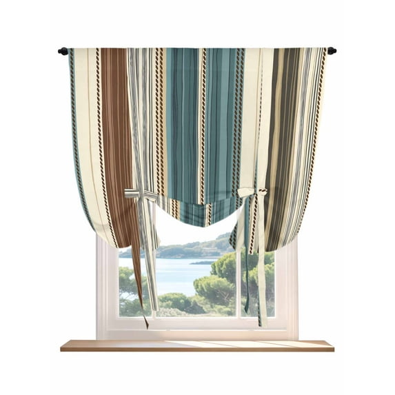 Teal Boho Stripes Tie Up Curtains for Windows 63 Inch Length Balloon Curtains Kitchen Adjustable Balloon Window Shade Modern Bohemia Brown Beige Texture Tie Up Valance Bathroom Curtain Window 46"x63"