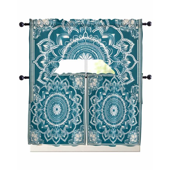 Teal Boho Swag Curtains for Living Room/Bedroom Windows, Ethnic Chic Rustic Abstract Floral Aesthetic Kitchen Curtains and Valances Set 36 Inch Length, Light Filtering Swags Valance Curtain Panels