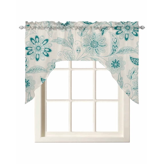 Teal Boho Swag Valances for Windows, Small Curtains Drapes, Vintage Pattern Ethnic Flower Tribal Leaf Kitchen Window Curtains Over Sink Window Treatment Valance for Bedroom/Bathroom 56"x36"