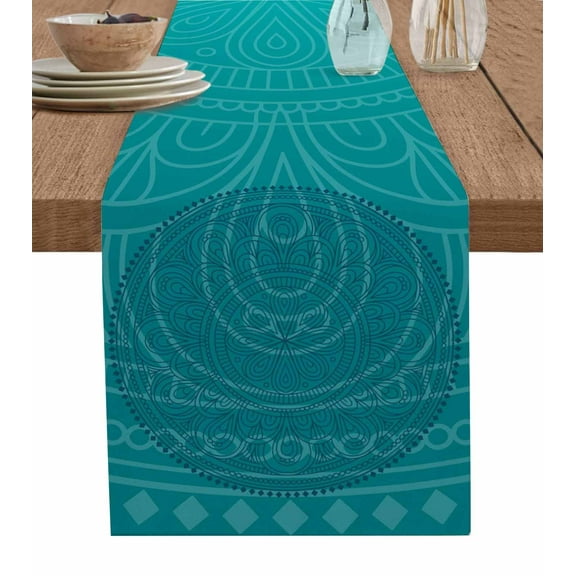Teal Boho Table Runner 70 Inches, Farmhouse Abstract Geometric Aesthetic Art Bed Runner Dresser Scarves Tabletop for Indoor Outdoor Parties/Ceremony/Banquet, 13" x 70"