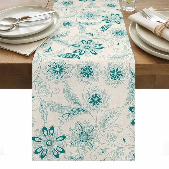 Teal Boho Table Runner - 90 Inch Long, Kitchen Dining Table Runner Dresser Scarves, Vintage Pattern Ethnic Flower Tribal Leaf Farmhouse Decor for Coffee Tables Wedding Party Banquet
