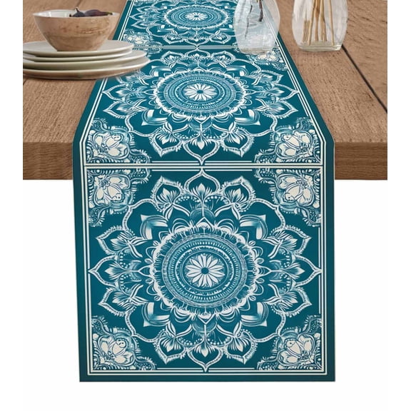 Teal Boho Table Runner Cotton Linen 120 Inch Holiday Dresser Scarves, Ethnic Chic Rustic Abstract Floral Aesthetic Tablerunner for Kitchen Coffee Dining Bedroom Dinner Scarf Décor 13''x120''