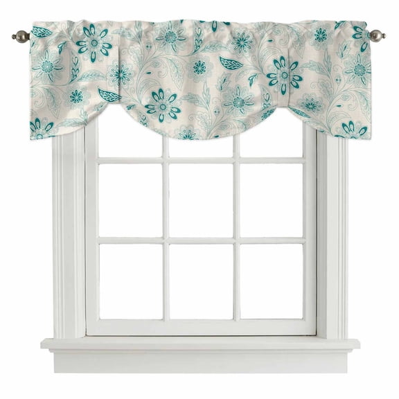 Teal Boho Tie Up Valance Curtains for Windows, Kitchen Curtains Window Treatments, Vintage Pattern Ethnic Flower Tribal Leaf Short Window Shades Valances for Bedroom Bathroom Cafe 42"x18"