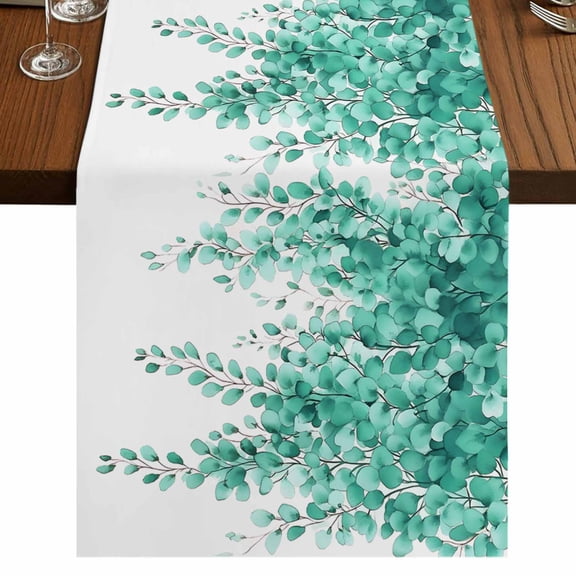 Teal Botanical 108 Inch Table Runner, Watercolor Greenery Eucalyptus Leaves Farmhouse Dresser Scarf Cotton & Linen Tablerunner for Dining/Kitchen Island/Holiday Party Décor 13" x 108"