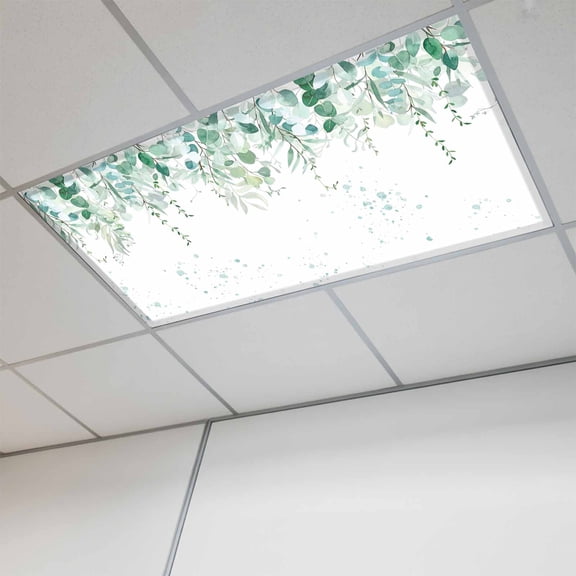 Teal Botanical Fluorescent Light Covers, Spring Weeping Eucalyptus Leaves Magnetic Light Covers for Ceiling Lights, Fluorescent Ceiling Shade Filters for Classroom Bedroom Office 4x2Ft x 1PCS