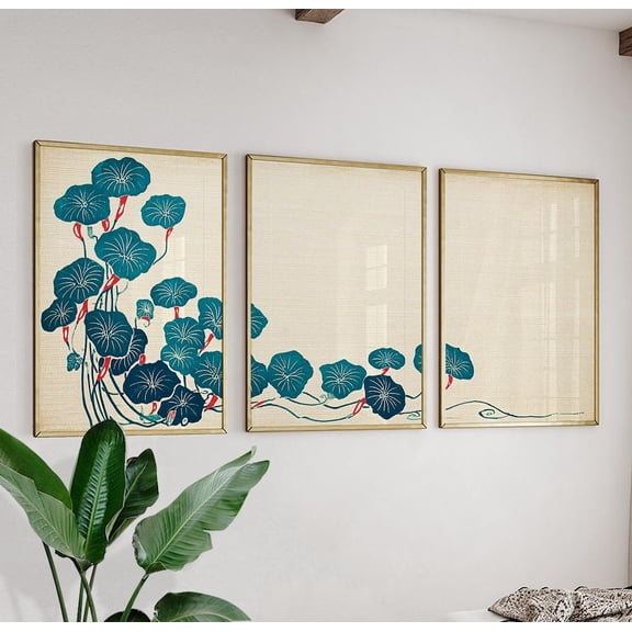 Teal Botanical Leaf Japanese Style Nature Art Set 3 Unframed Paper Print 8x12