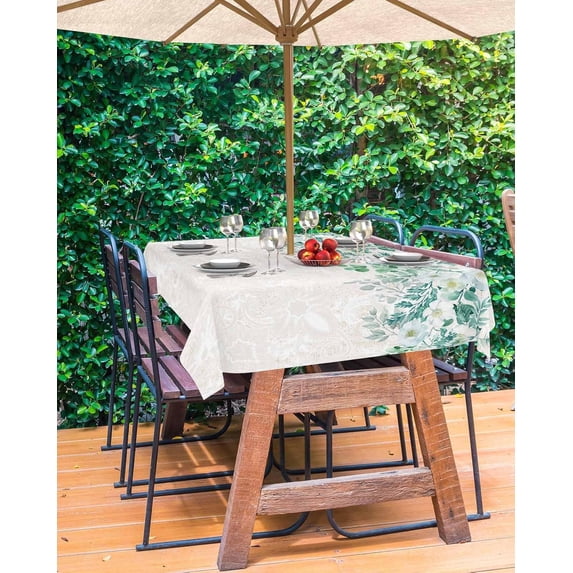 Teal Botanical Outdoor Tablecloth - 54x54 Inch Square Dining Table Cover, Spring Floral Elegants Farmhouse Waterproof Outdoor Table Cloth with Umbrella Hole & Zipper for Picnic/Patio/Party