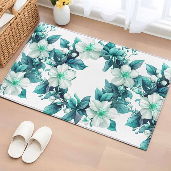 Teal Botanical Spring Bathroom Rug Washable 2x3 Entryway Rug Non Slip White Floral Spring Front Door Mat Low Pile Indoor Doormat Throw Floor Carpet for Kitchen Bedroom Entrance