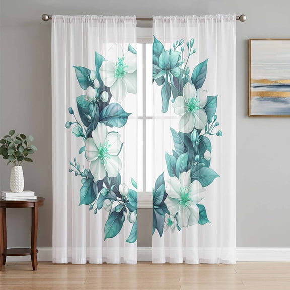 Teal Botanical Spring Sheer Curtains 63 Inch Length 2 Panels Set, White Floral Spring Voile Window Treatment Rod Pocket Curtains Sheers Drapes for Bedroom/Living Room/Kitchen 52x"63"x2