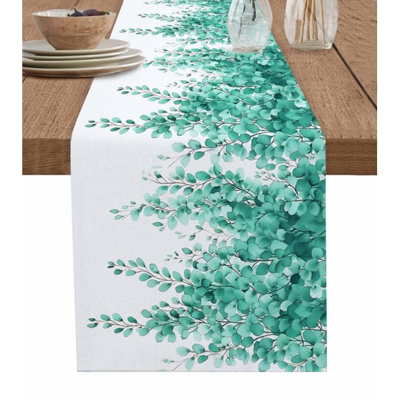 Teal Botanical Table Runner 36 Inches, Watercolor Greenery Eucalyptus Leaves Bed Runner Dresser Scarves Tabletop for Indoor Outdoor Parties/Ceremony/Banquet, 13"x 36"
