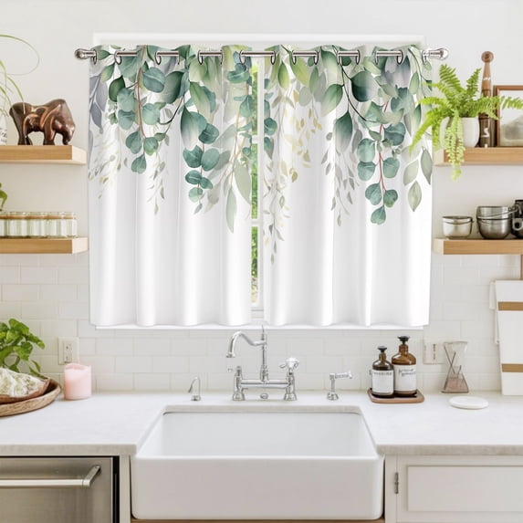 Teal Botanical Window Curtains Panels with Silver Grommet, Sage Green Eucalyptus Leaves Watercolor Kitchen Cafe Curtain Draperies Window Treatment Set for Living Room/Bedroom/Laundry/Bathroom, 104x63