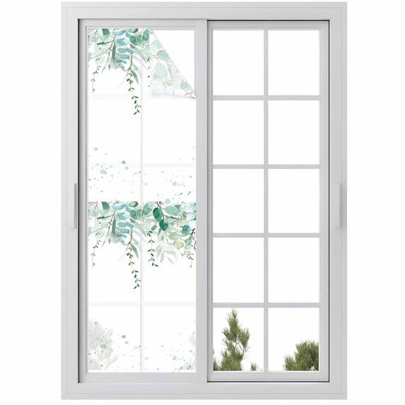 Teal Botanical Window Privacy Film, Spring Weeping Eucalyptus Leaves Static Cling UV Sun Blocking Heat Control Window Tint Day and Night, Non-Adhesive One Way Windows Privacy Cover 17.7''x78.7''