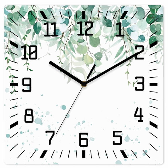 Teal Botanical Wooden Wall Clock Silent Non Ticking, Spring Weeping Eucalyptus Leaves Square Wall Clocks Battery Operated, Decor Clock for Home Office, Living Room, Kitchen, 10 Inch