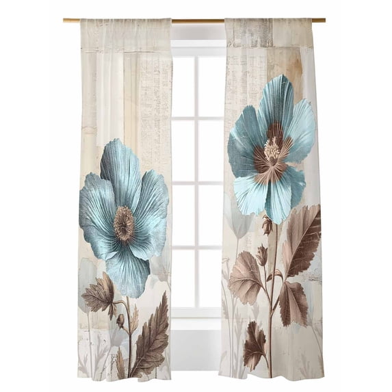 Teal Broccoli Sheer Curtains 84 inches Long 2 Panels Set Rustic Farmhouse Flower Leaf Retro Brown Sheer Window Curtain Rod Pocket Voile Drapes for Living Room/Bedroom, Each 52" W x 84" L