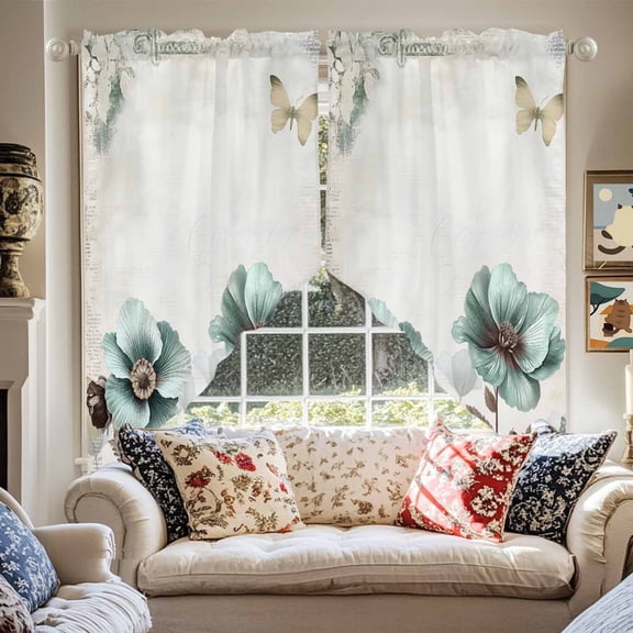 Teal Broccoli Swag Curtain Valance for Windows, Rustic Farmhouse Flower Leaf Victorian Style Window Treatments Short Swag Topper for Kitchen Windows Bathroom Bedroom, 36"x36"