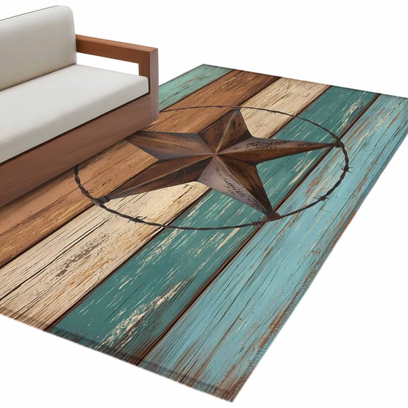 Teal Brown 3'x5' Washable Rug, Country Texas Star Farmhouse Barn Door Wood Non-Slip Area Rugs for Entryway Kitchen Classroom, Dorm Throw Carpet, Low Pile Soft Indoor Floor Mat