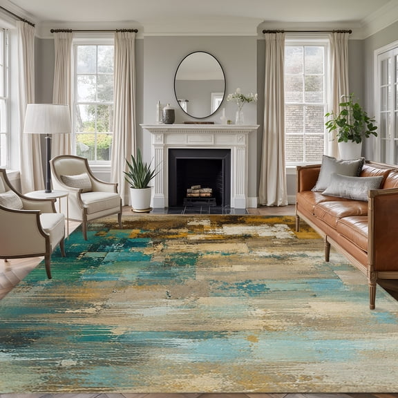 Teal Brown Abstract 5'x7' Area Rug, Vintage Mottled Gradient Modern Art Washable Non-Slip Soft Rugs, Low-Pile Large Carpet for Living Room Bedroom Dining Room, Non-Shedding Accent Rug