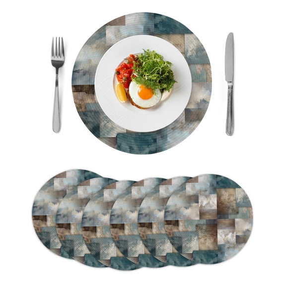 Teal Brown Abstract Blocks Round Table Placemats set of 6, Modern Geometric Squares Washable Woven Place Mats for Dining Tables Kitchen Party Decor,Heat Proof, 15in,
