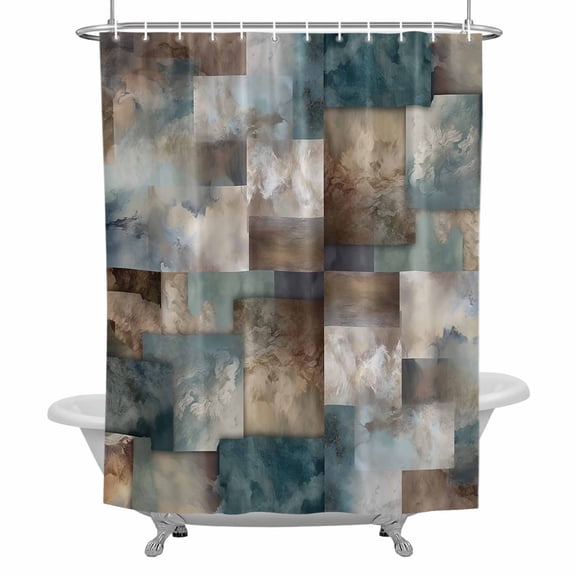 Teal Brown Abstract Blocks Shower Curtain Set with Hooks, Modern Geometric Squares Waterproof Fabric Bathroom Curtains Decor Home Accessories,72 X 72 Inch Long