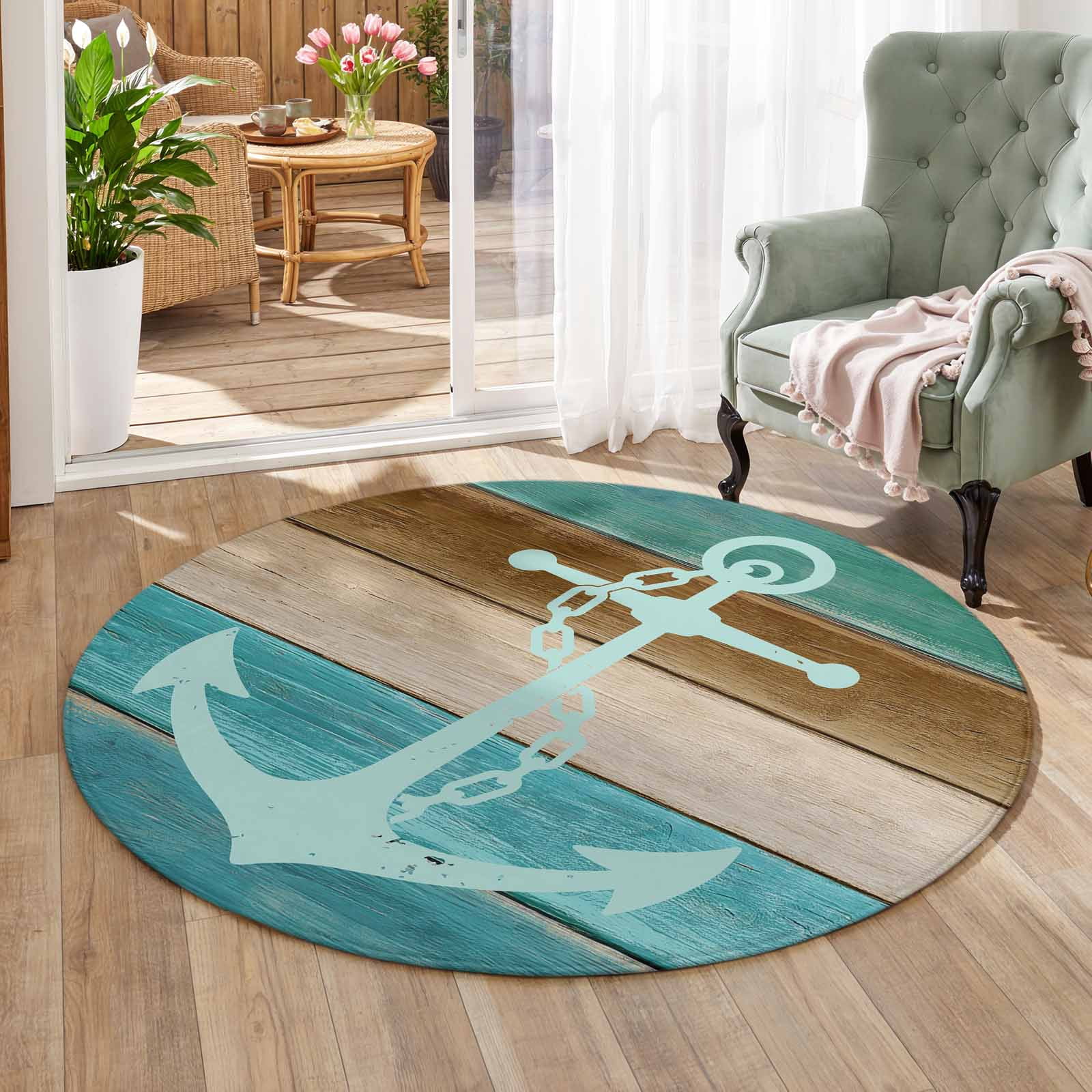 Round Standing Mat Teal Brown Anchor Small Round Mat 3 Ft, Nonslip Entryway Mat Circle ...