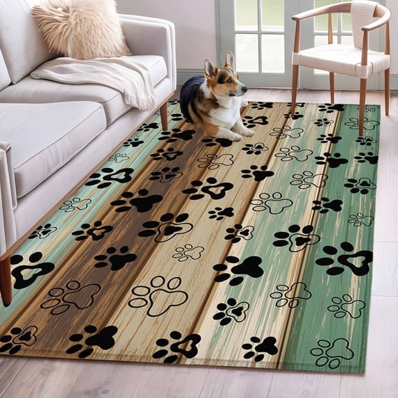 Teal Brown Area Rug 3x5 FT, Non Slip Entryway Bedside Carpet, Pet Paw Printed Farmhouse Dog Claws Wood Grain Washable Soft Floor Carpet Indoor Mat Non-Shedding Throw Rugs for Dorm Kitchen Home Office