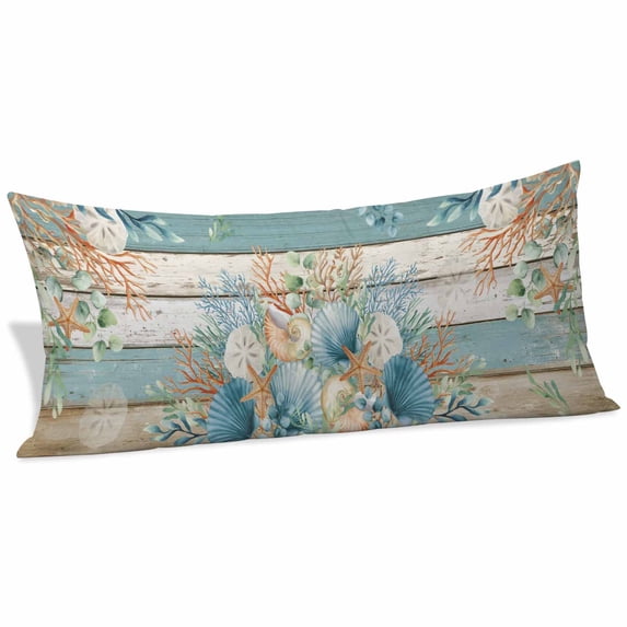 Teal Brown Beach Coastal Body Pillow Covers 20"x54", Summer Nautical Coral Shell Botanical Vintage Soft Brushed Microfiber Breathable Throw Pillow Covers, Pillowcase with Zipper for Couch Sofa